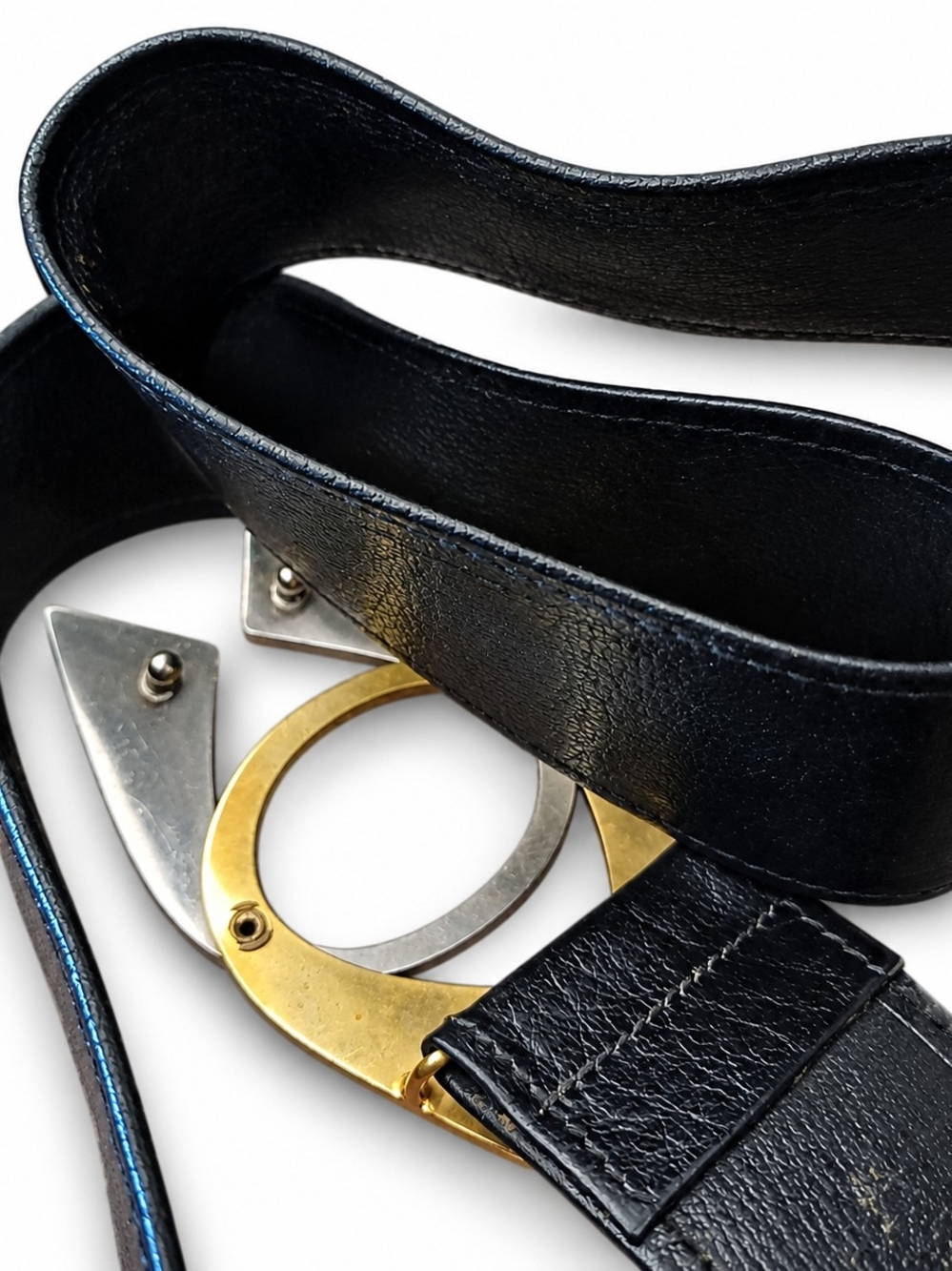 90's Genuine Leather Belt W/ Geometric Buckle.